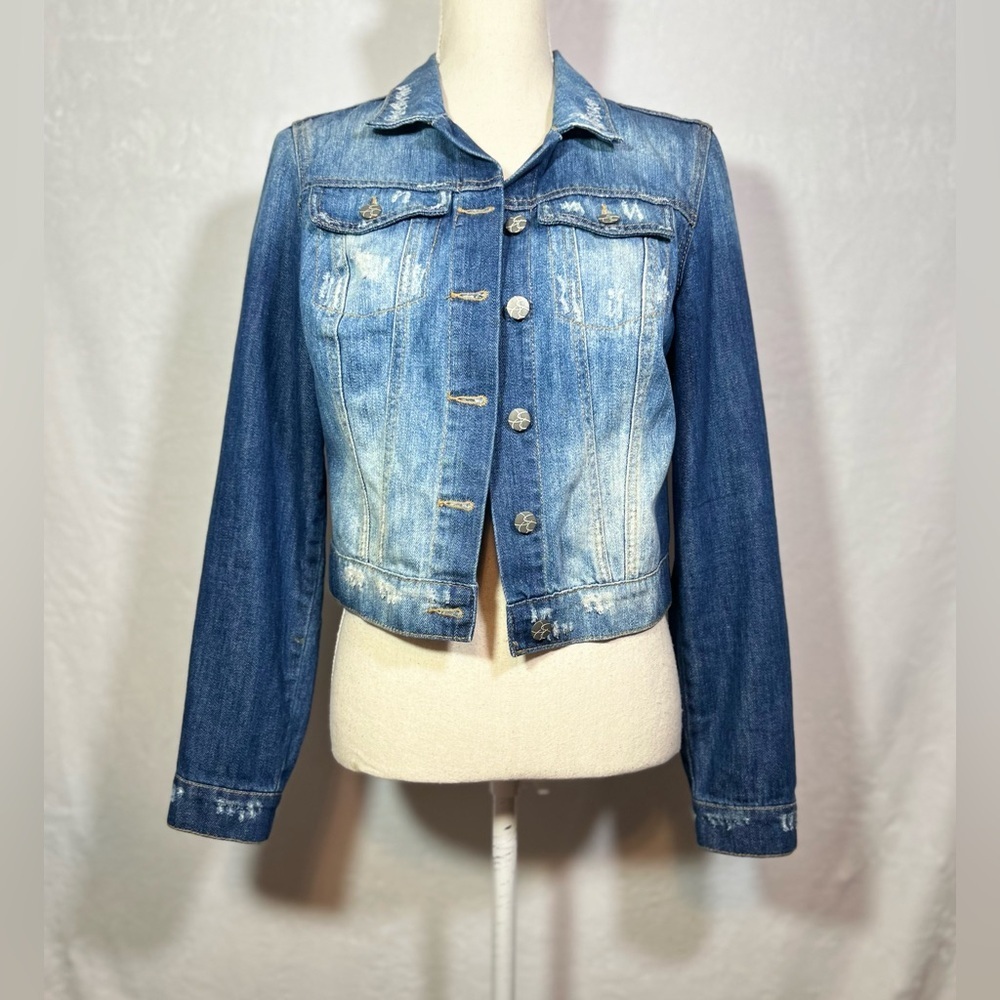 Jessica Simpson Distressed Blue Denim Jacket Size M Button Down Trendy Casual - Picture 2 of 8